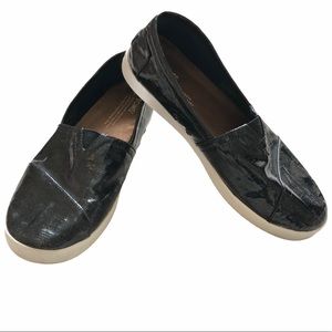TOMS Oxford Black Patent Linen Avalon Slip Ons 8